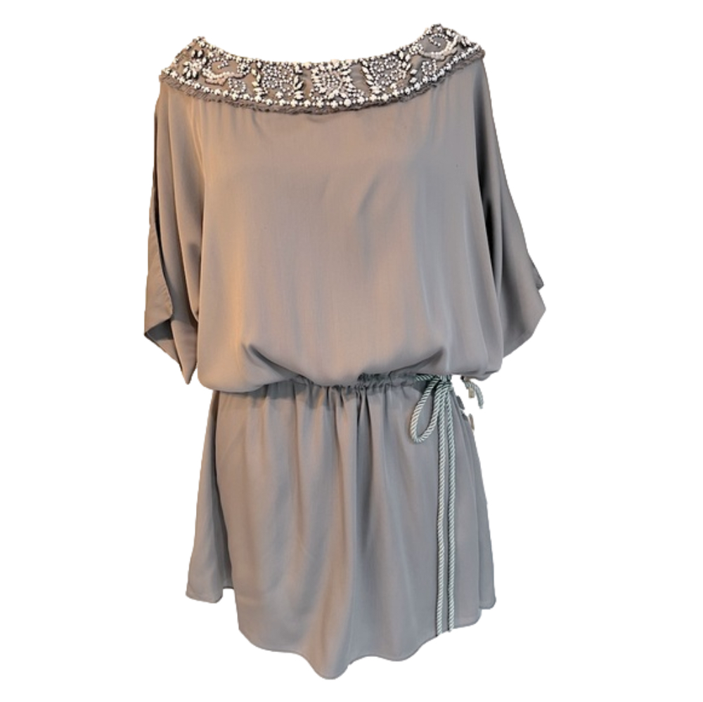 Alice + Olivia gray beaded collar shift dress with corded belt, Size M NWT